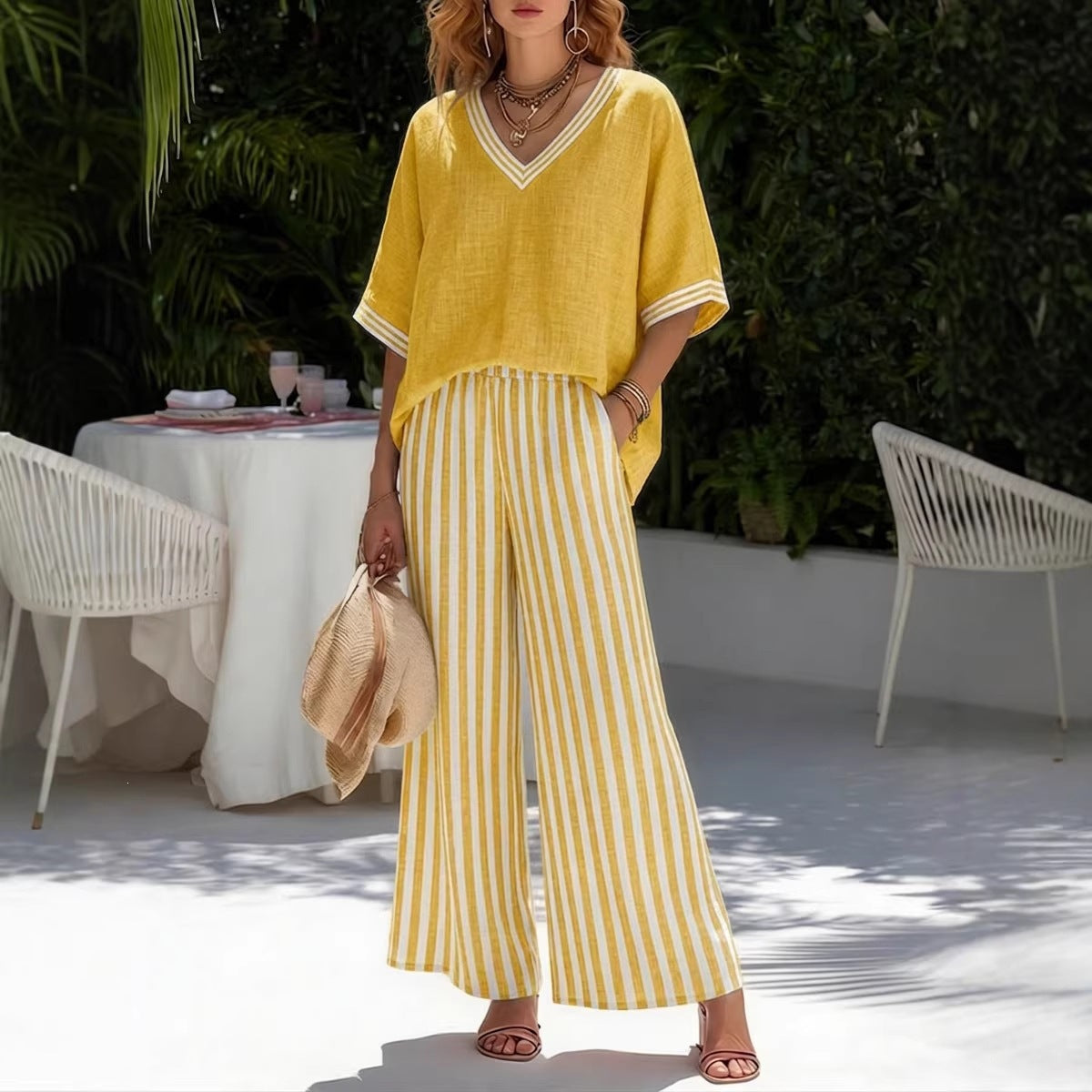 Women V-Neck Tunic Top and Wide Leg Striped Trouser Set - Image 5