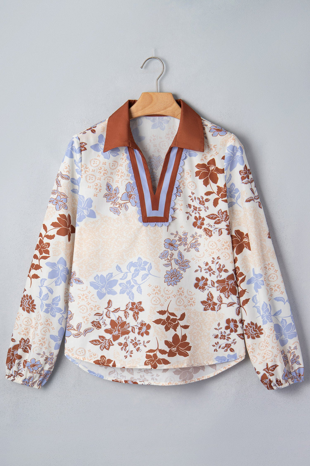 Floral Colorblock Collared V-Neck Long Sleeve Blouse