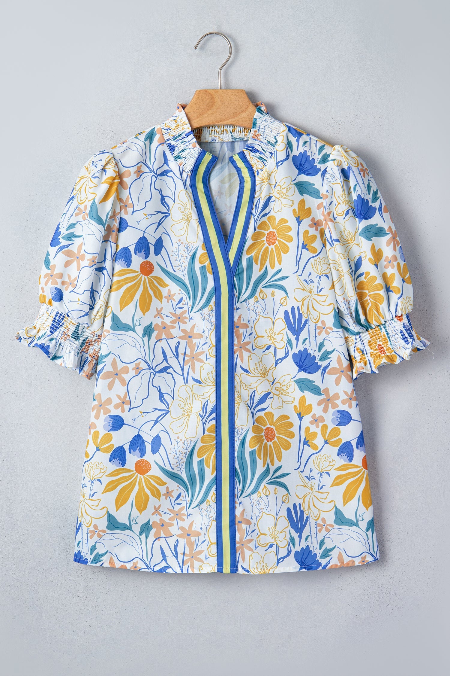 Floral Stripe Trim V-Neck Puff Sleeve Blouse for Women