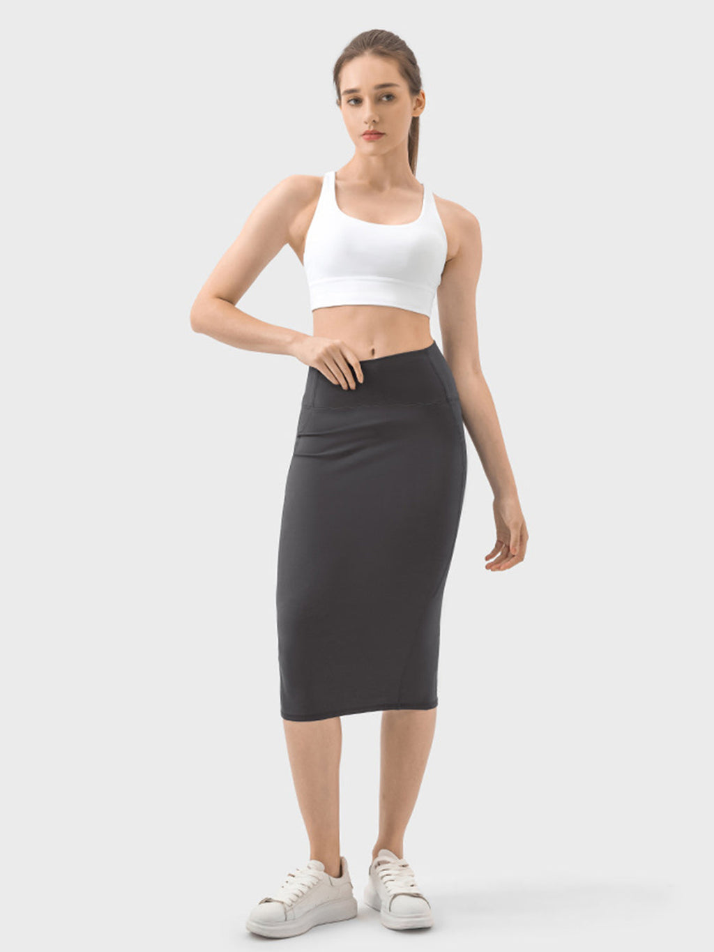Brown Slit Wrap Active Skirt Stretchy Midi Athletic Skirt - Image 16