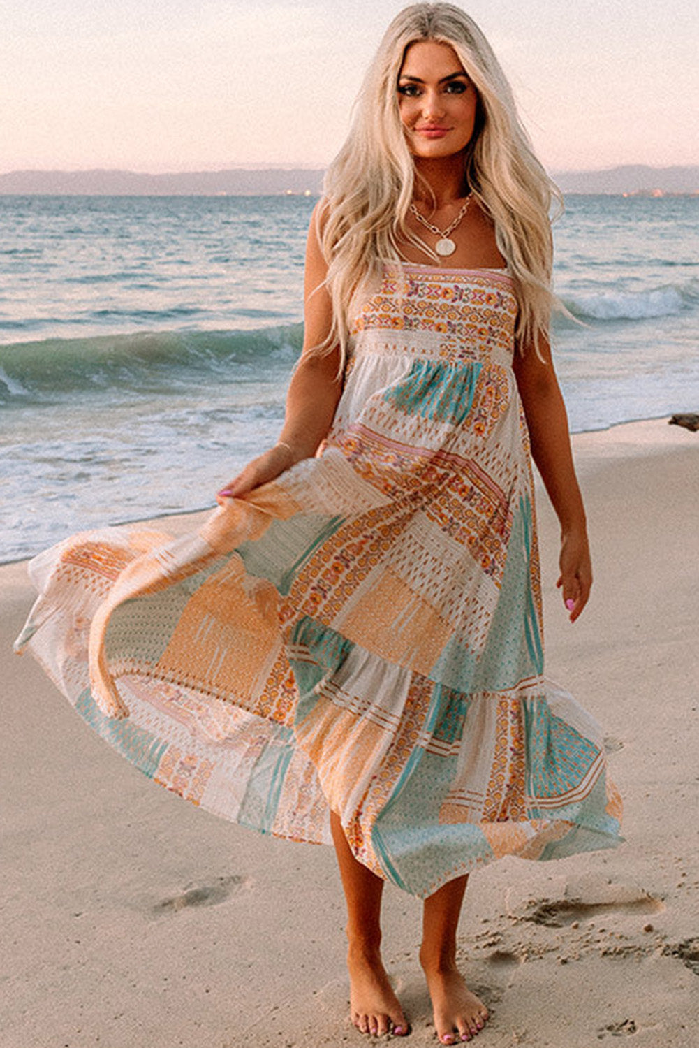 Multicolor Boho Patchwork Square Neck A-Line Maxi Sundress