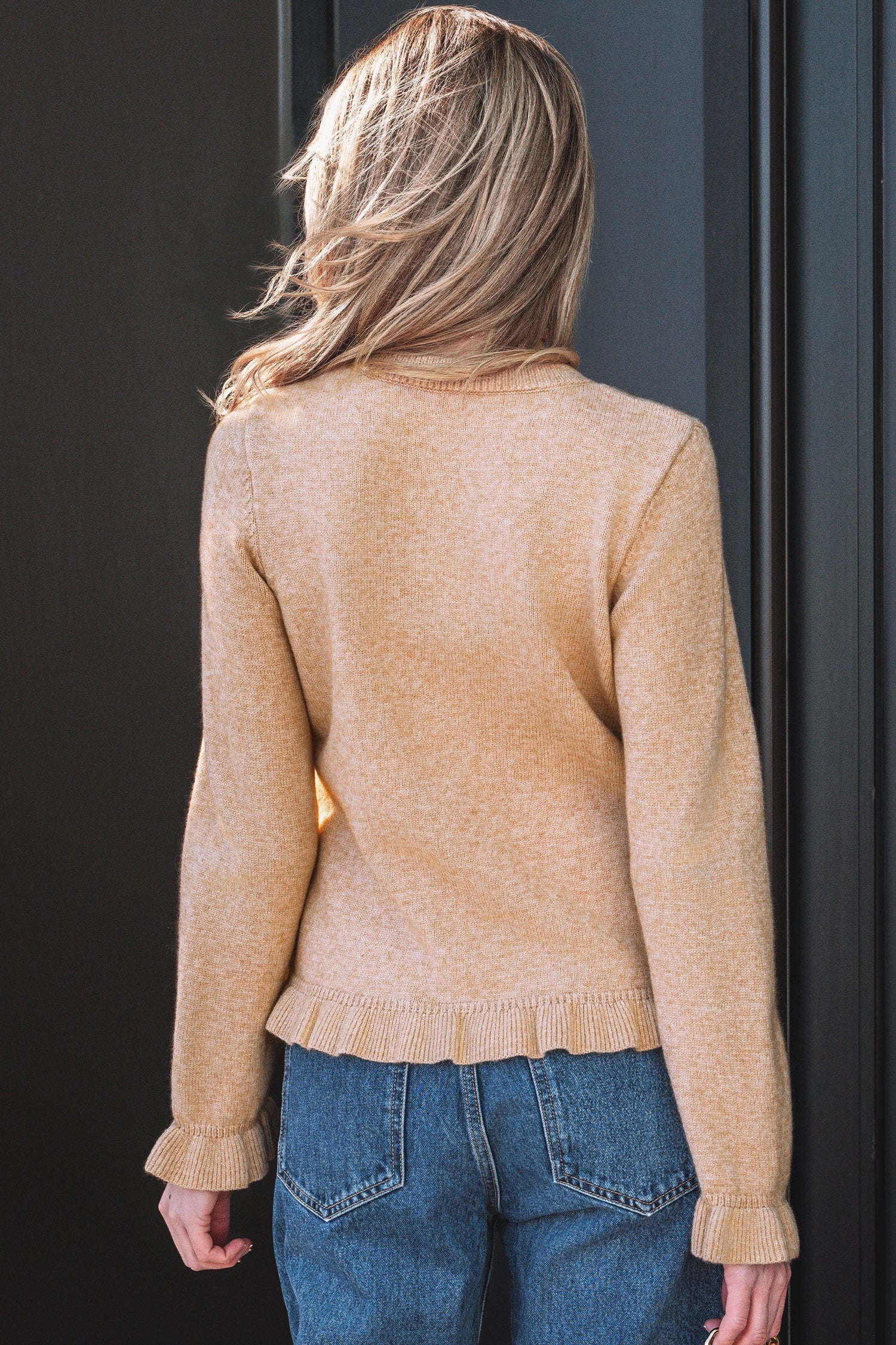 Yamileth Oatmeal Ruffle Trim Gold Button Cardigan