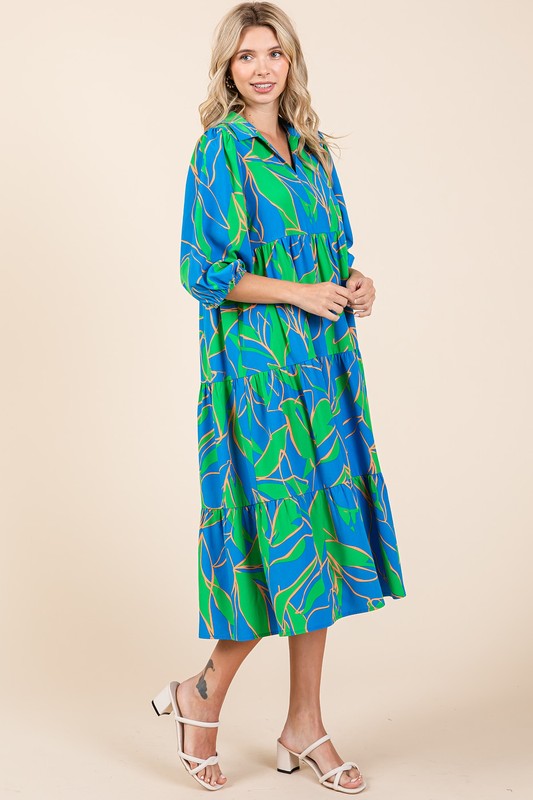 Tiered Printed Midi Dress with Collared Neck in Blue and Green