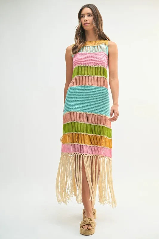 Multi-colored striped crochet knit dress with fringe detail