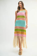 Multi-colored striped crochet knit dress with fringe detail