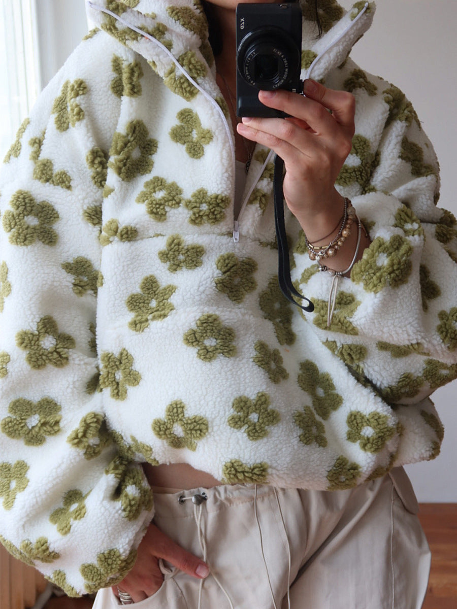 Winter Flowers Fleece Pullover Womens Cozy Zip Up Floral Sweatshirt - Image 6
