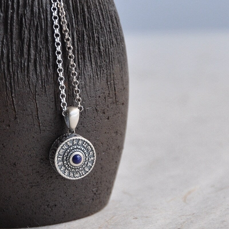 S925 Silver Retro Thai Silver Lapis Lazuli Six-character Mantra Pendant
