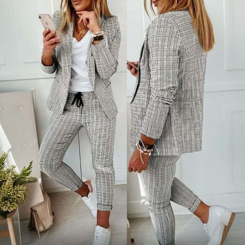 Women's Plaid Two-Piece Suit Set with Blazer and Drawstring Pants