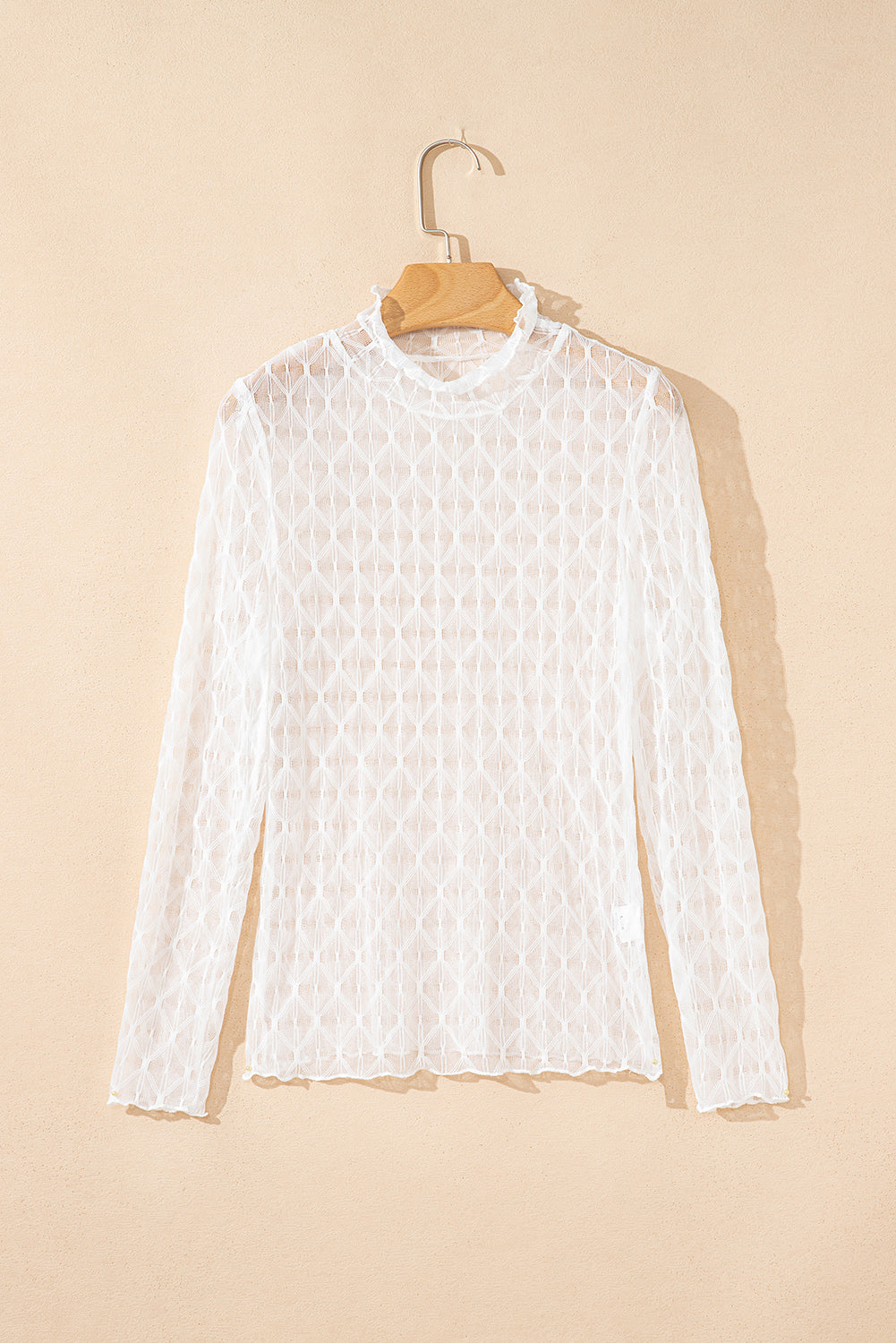 Sheer Mesh Lettuce Trim Long Sleeve Top