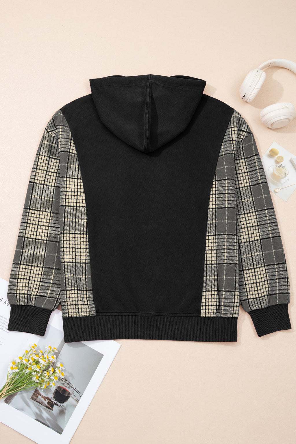 Plaid Patchwork Pocketed Drawstring Hoodie
