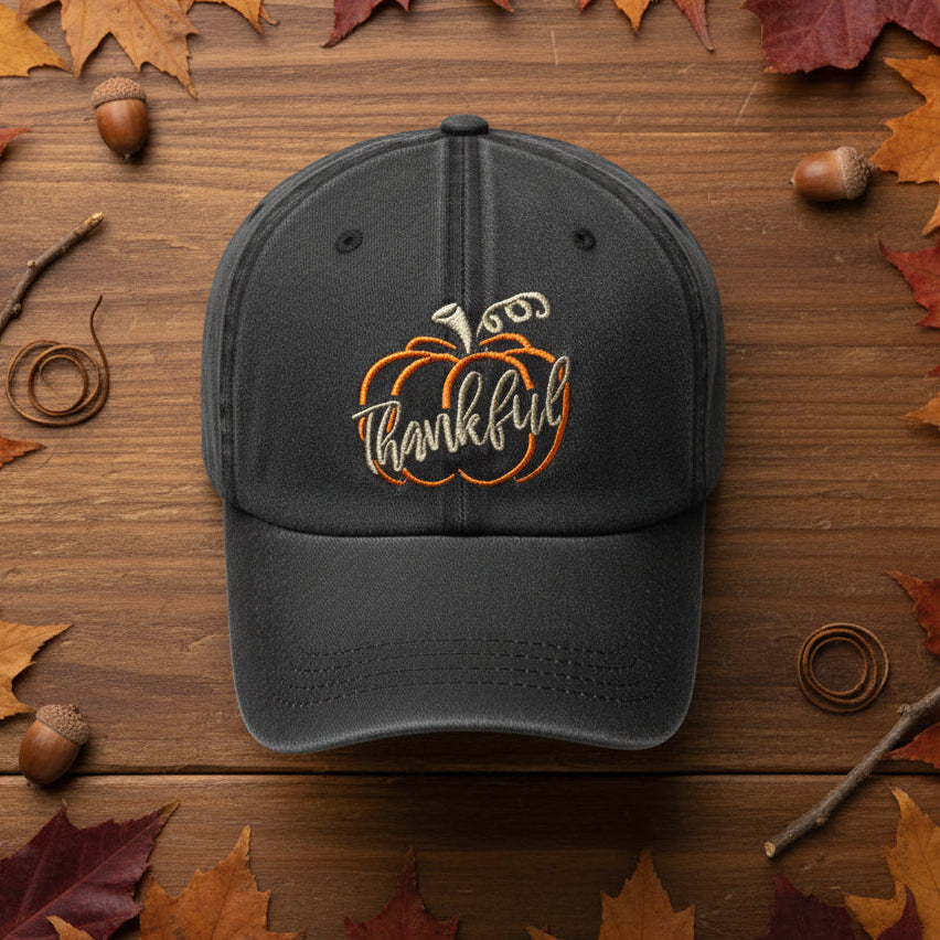"Thankful Pumpkin" Embroidered Baseball Cap – Vintage Washed Black Hat