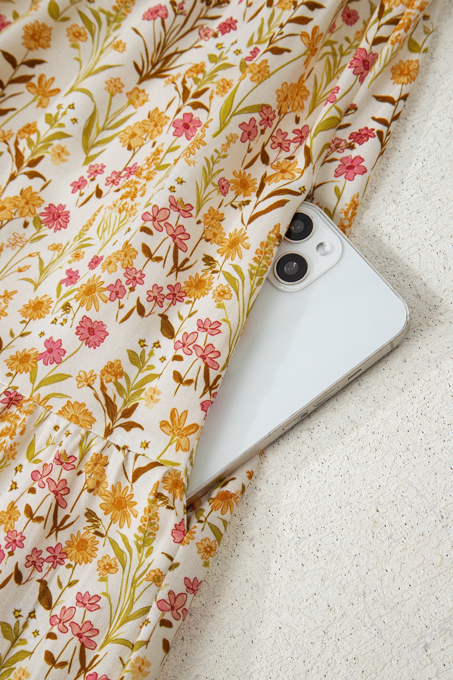 Yellow Floral Print Frilly Trim Smocked Cuff Long Sleeve Shirt Dress