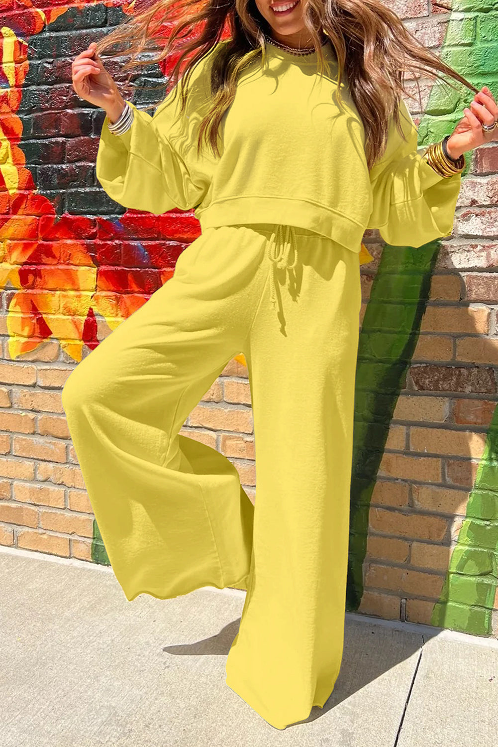 Yellow Cream Drop Shoulder Crop Pullover Wide Leg Pants Set