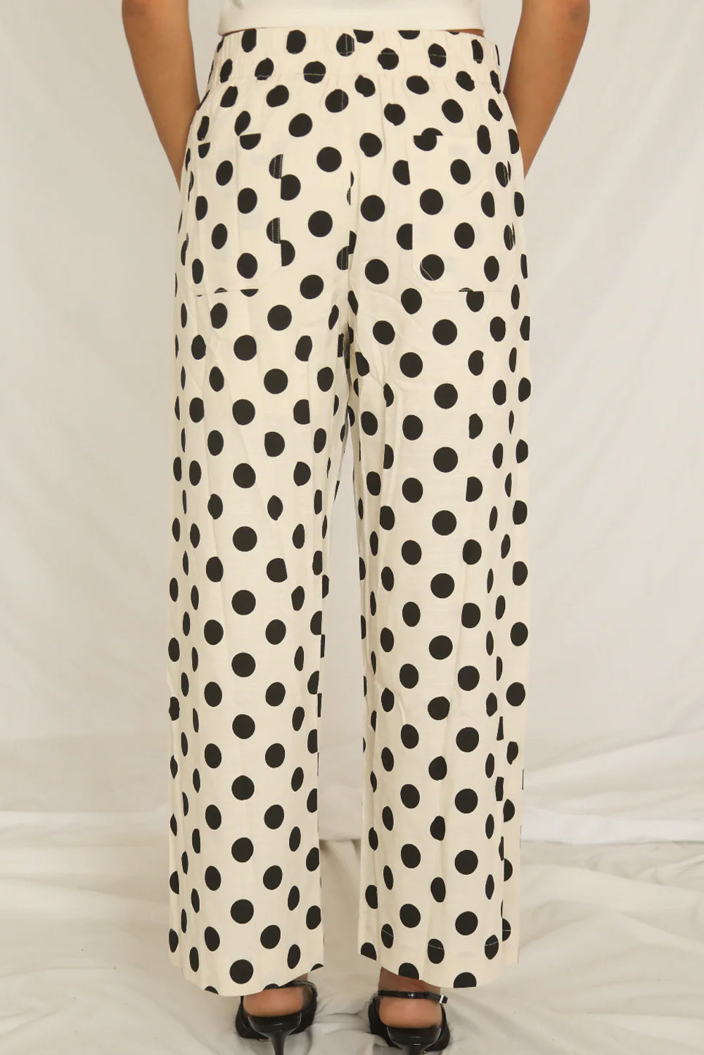 White Polka Dot Loose Wide Leg Pants with Patched Pockets