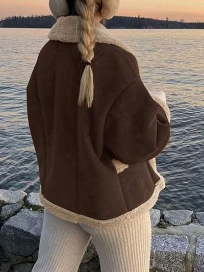 Women’s Fuzzy Collared Long Sleeve Jacket with Button Closure