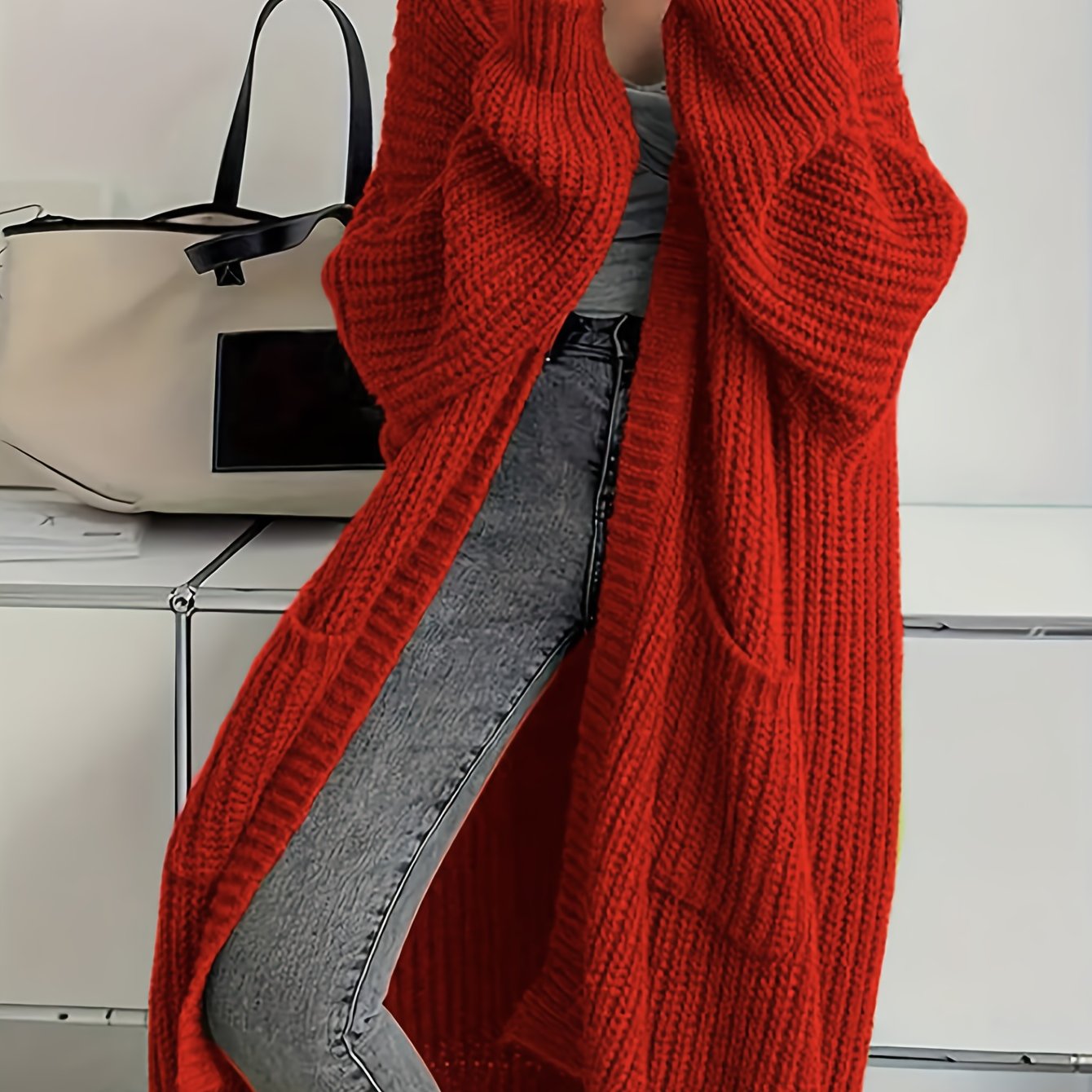 Women's Long Cardigan Over Knee V-Neck Chic