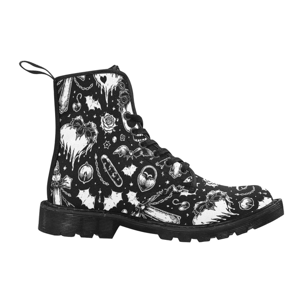 Gothic Harajuku Black & White Canvas Lace-Up Combat Boots - Image 5