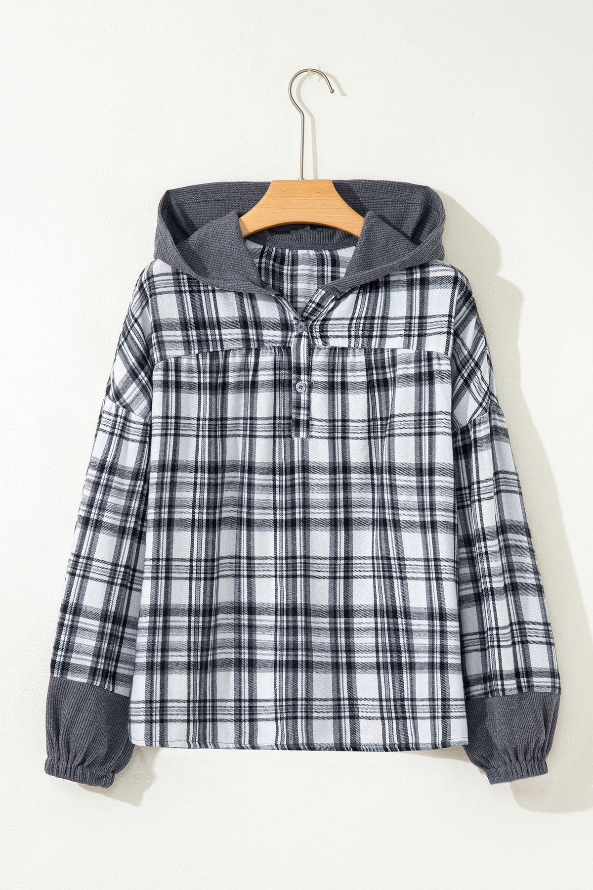 Plaid Quarter-Button Patchwork Long Sleeve Hooded Blouse