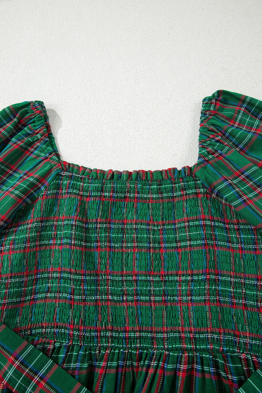 Plaid Square Neck Puff Sleeve Belted Midi Dress