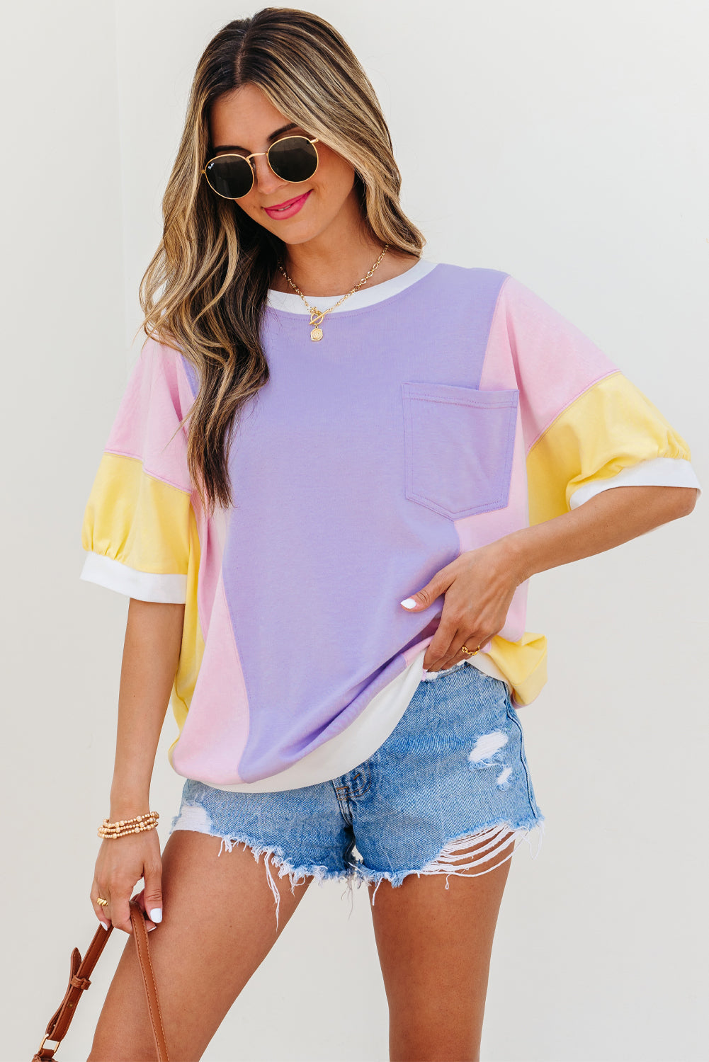 Zoe patchwork colorblock oversized top with half sleeves and chest pocket