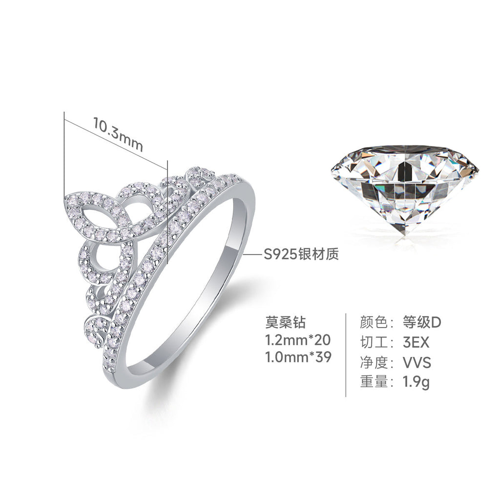 S925 Silver 1.9g Platinum Plated Moissanite Crown Ring, D VVS1 Pave Band, GRA Certified US 5-9