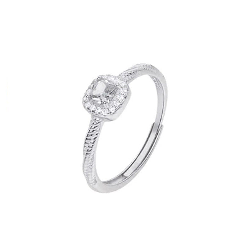 S999 Pure Silver Small Square Sugar Full Zircon Ring For Women, Niche Premium & Delicate, Light Luxury Versatile Jewelry Wholesale