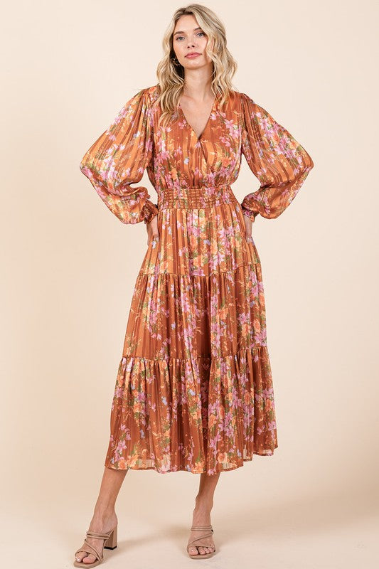 Floral Satin Lurex Stripe Smocked Midi Summer Dress