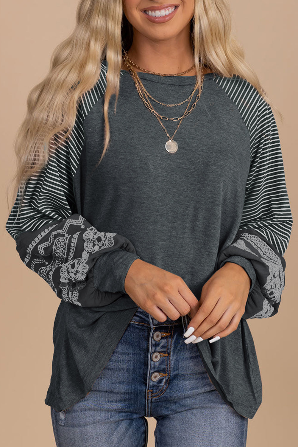 Tillandsia Purple Contrast Print Striped Raglan Long Sleeve Loose Top