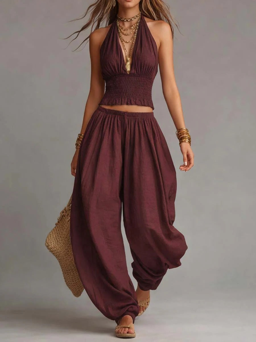 Women's Backless Halter Top & Wide-Leg Pants Set - Resort Wear