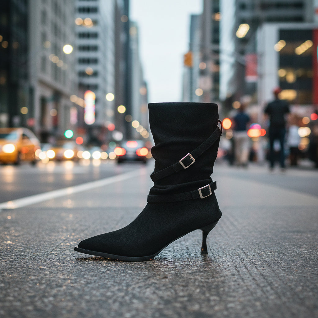 Women Pointed Toe Suede Stiletto Ankle Boots with Buckle Straps - Image 2
