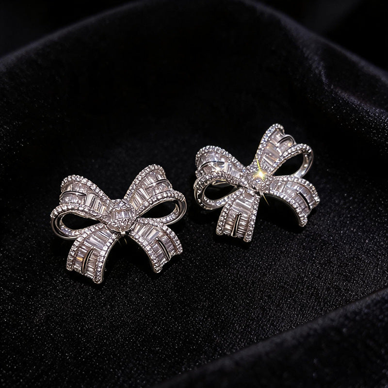 Women Minimalist Cubic Zirconia Bow Stud Earrings,Niche Delicate Versatile High Grade Fashion Dangle Earrings For Daily Occasion Jewelry