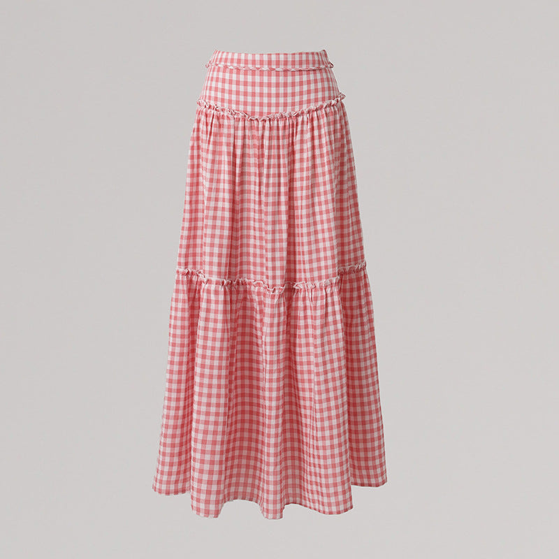 Women's Pink Plaid Tiered A-Line Maxi Skirt Harajuku Style - Image 6