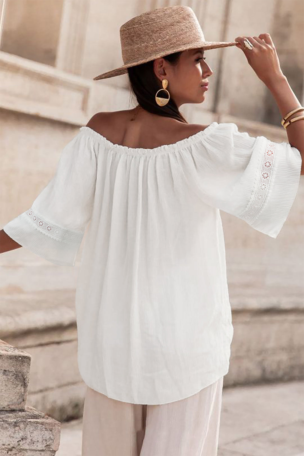 White Frilly Off-Shoulder Lace Blouse with Textured Sleeves
