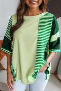 Mint Green Striped Patchwork 3/4 Sleeve Knit Top