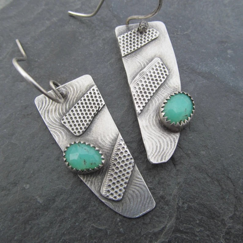 Retro Geometric Carved Pendant Earrings Turquoise Ear Jewelry