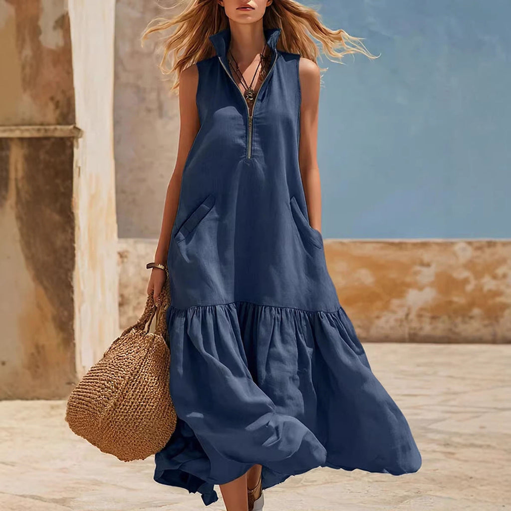 Women's Sleeveless Midi Resort Dress with Zipper Detail - Image 2