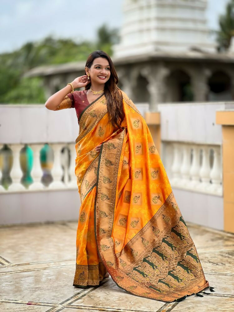 Mustard Orange Soft Banarasi Silk Saree with Zari Meenakari