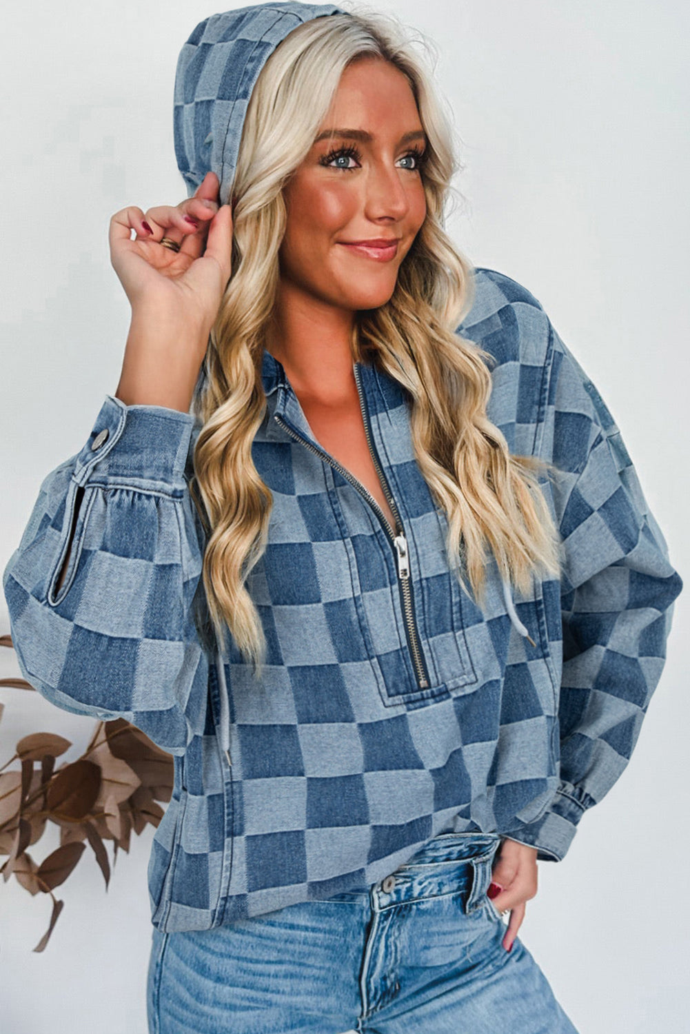 Sky Blue Checkerboard Zipped Collar Denim Hoodie