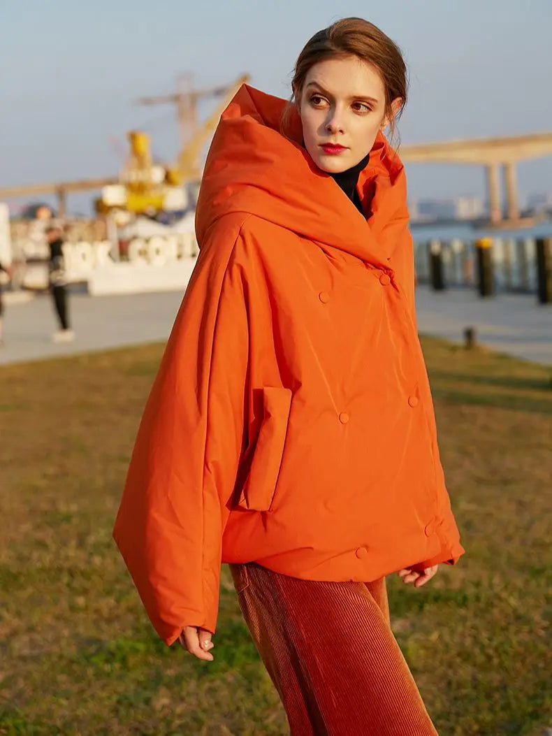 Women's Oversized Fluffy Down Parka - Vibrant Orange Red - Image 3