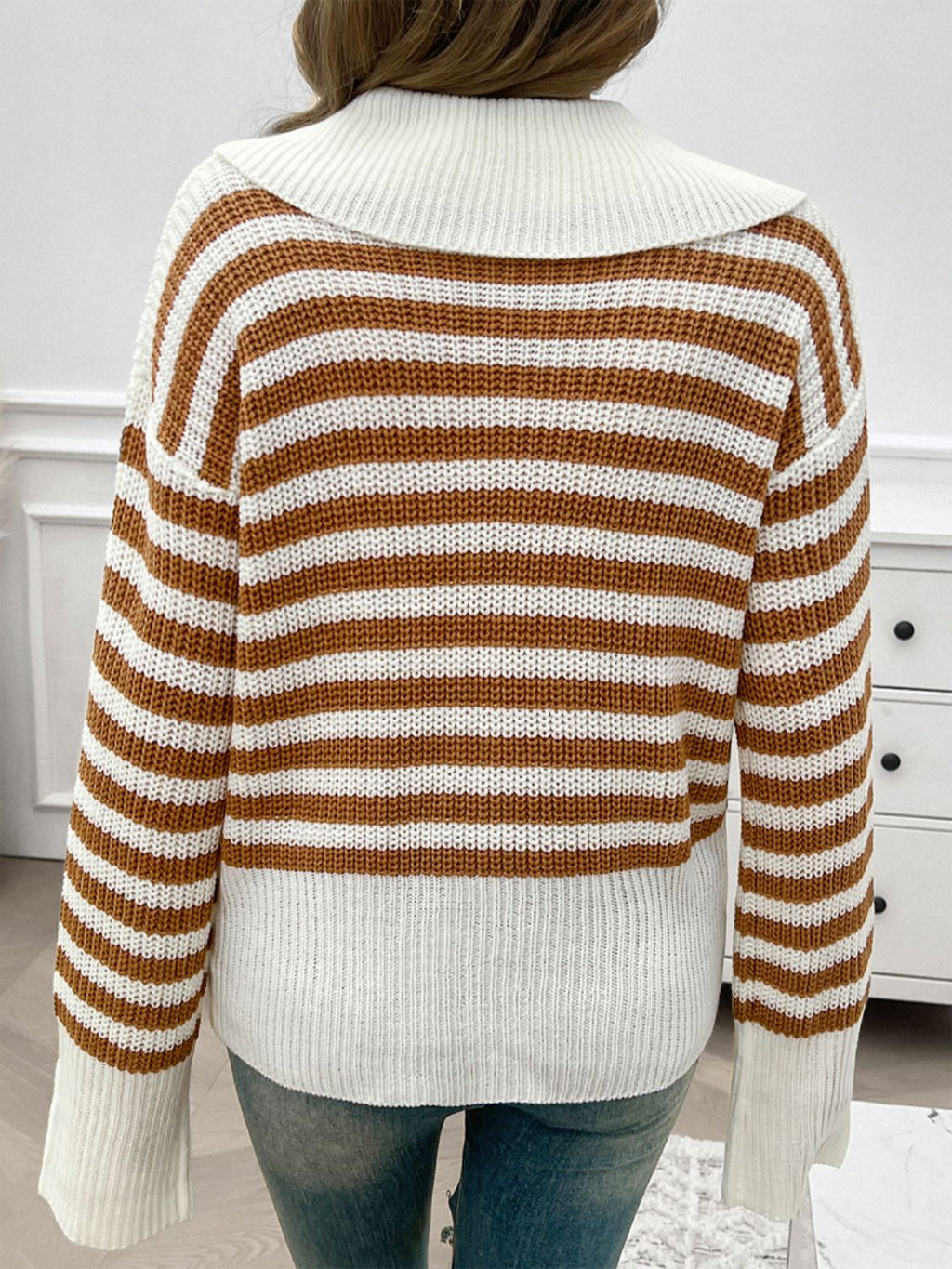 Women's Collared Striped Knit Sweater in Brown and White - Image 2