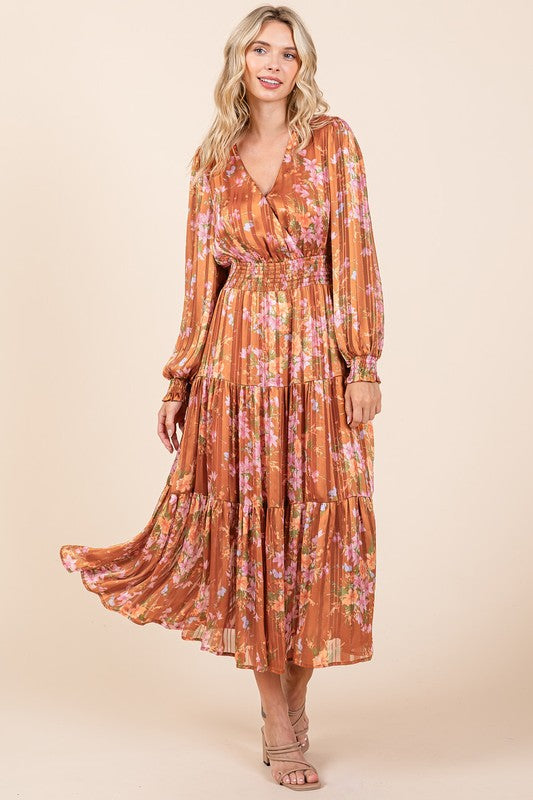 Floral Satin Lurex Stripe Smocked Midi Summer Dress