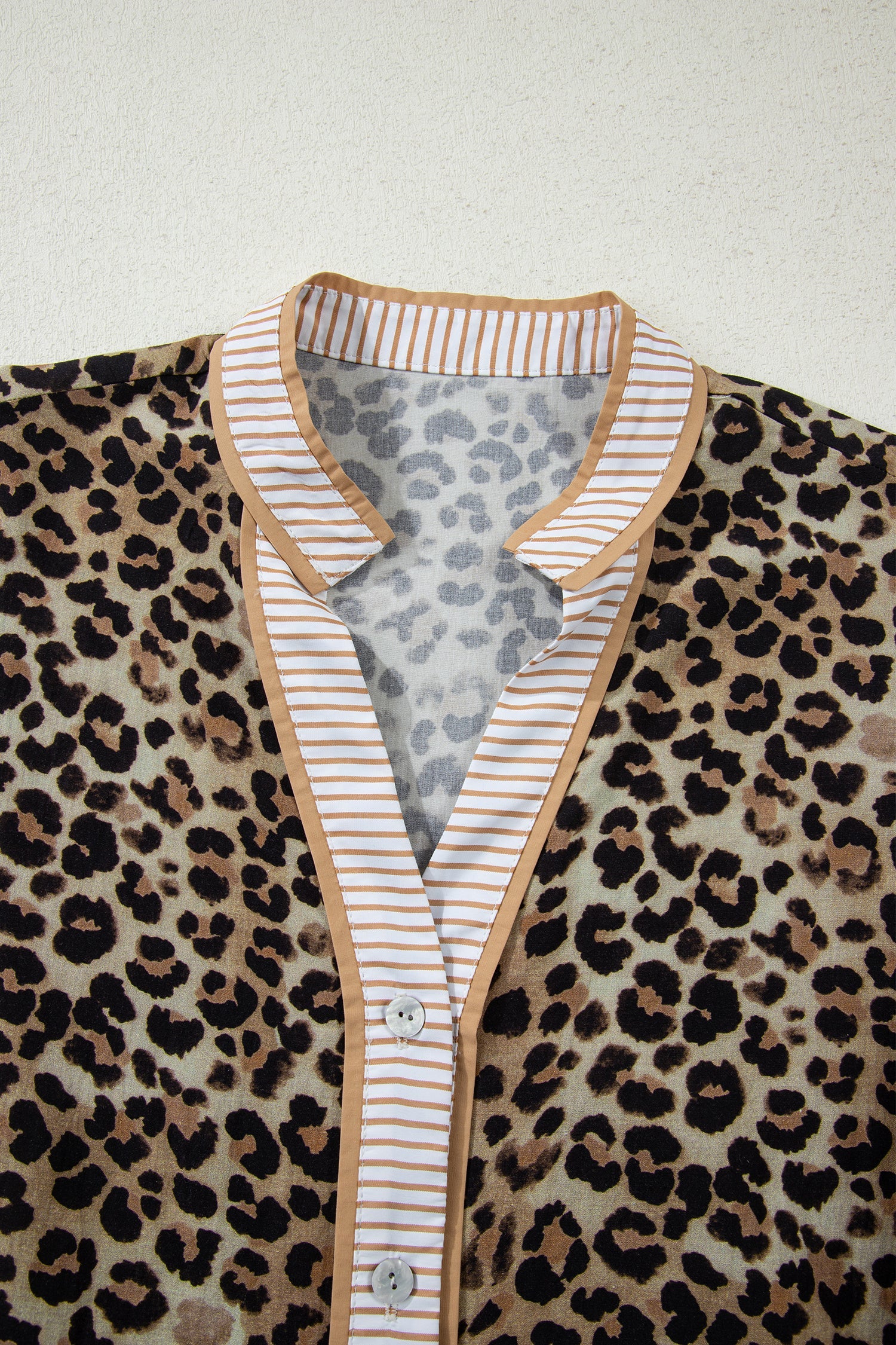 Khaki Leopard Print V-Neck Shirt with Contrast Striped Trim