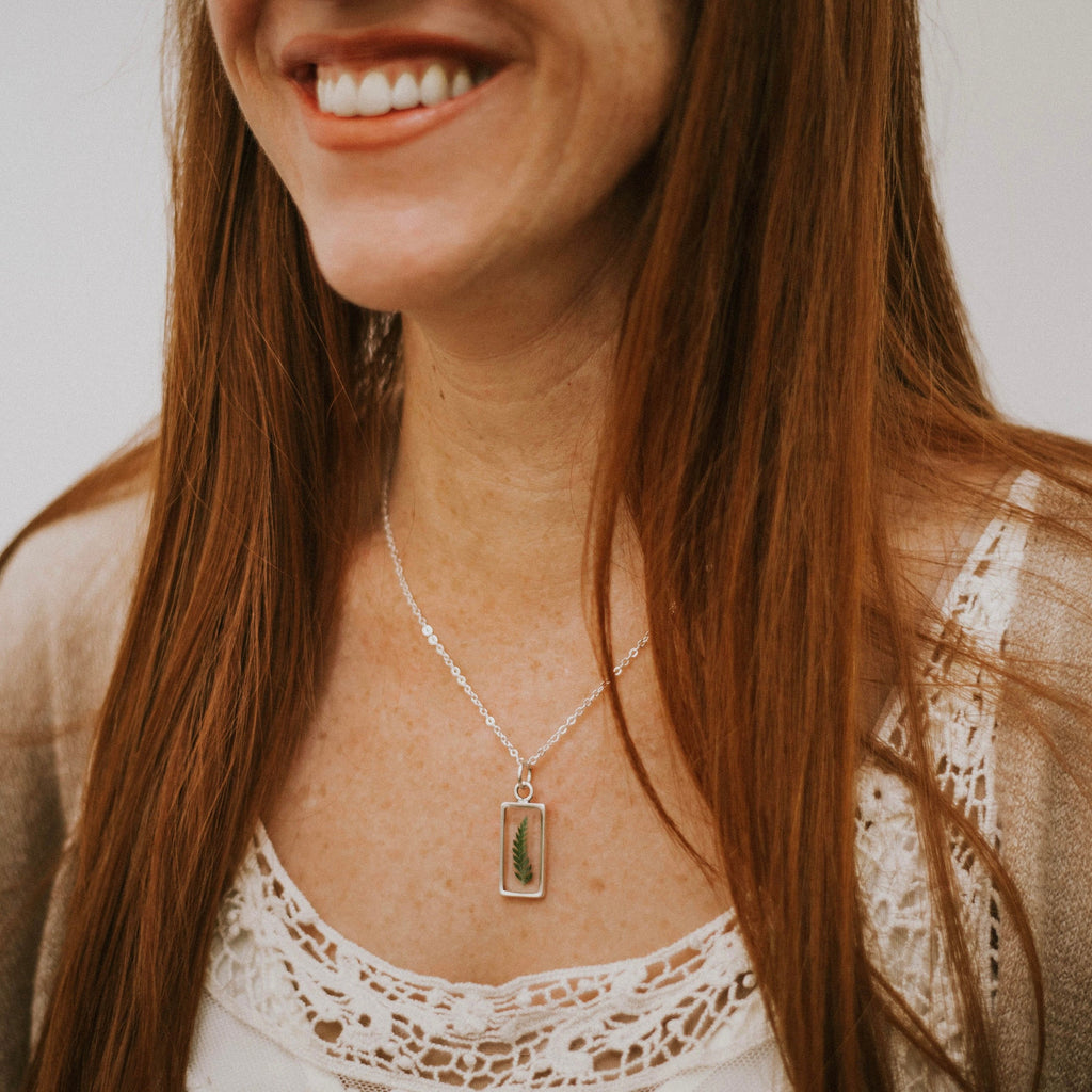 Large Rectangle Botanical Pendant Necklace Gold Silver