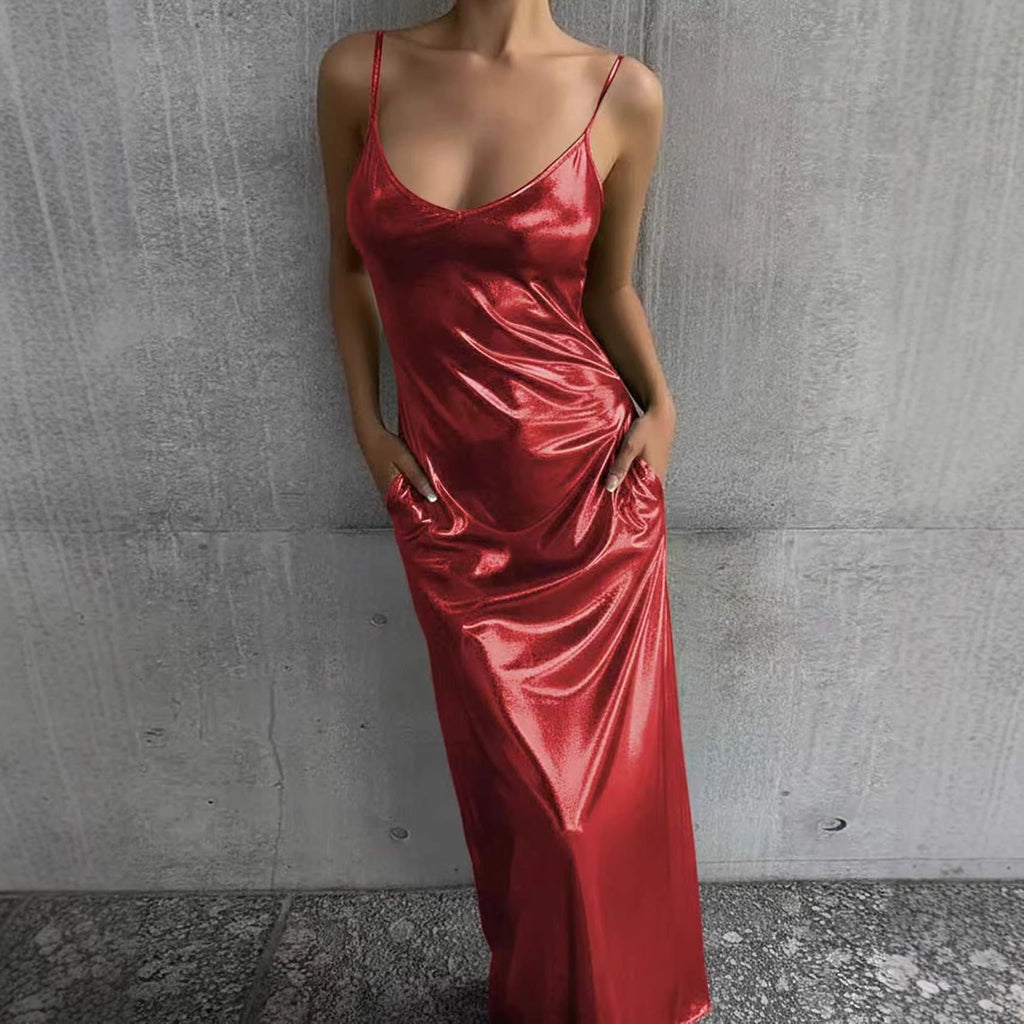 Textured Mirror-Finish Maxi Slip Dress with Pockets - Image 4