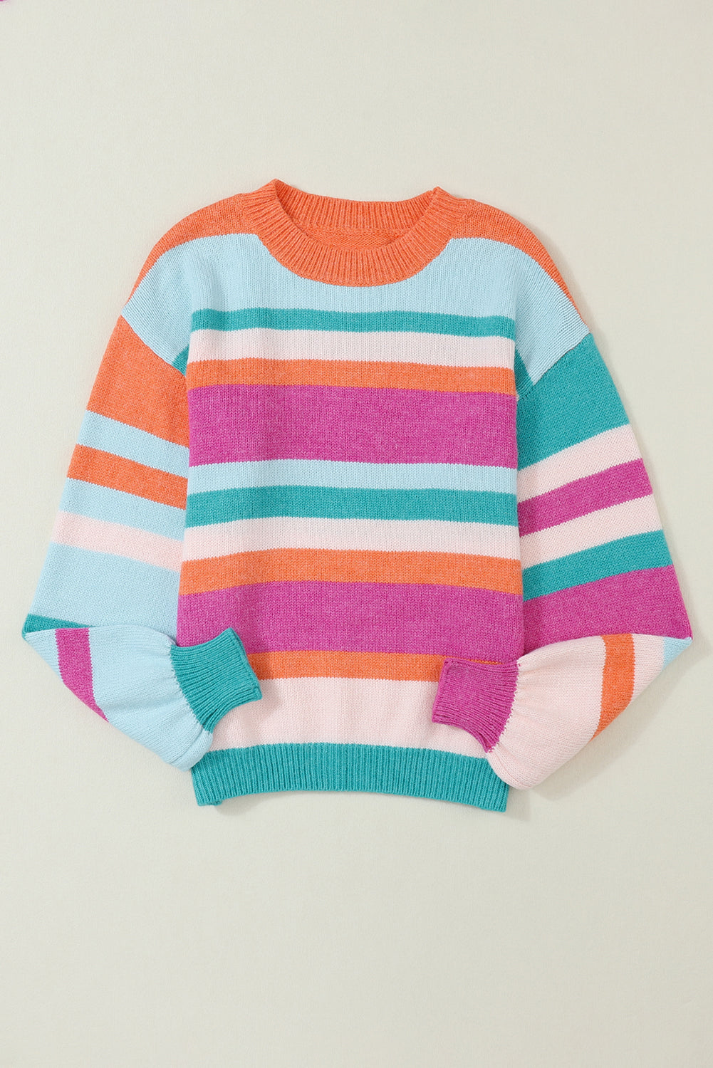 Stripe Knit Drop Shoulder Puff Sleeve Sweater