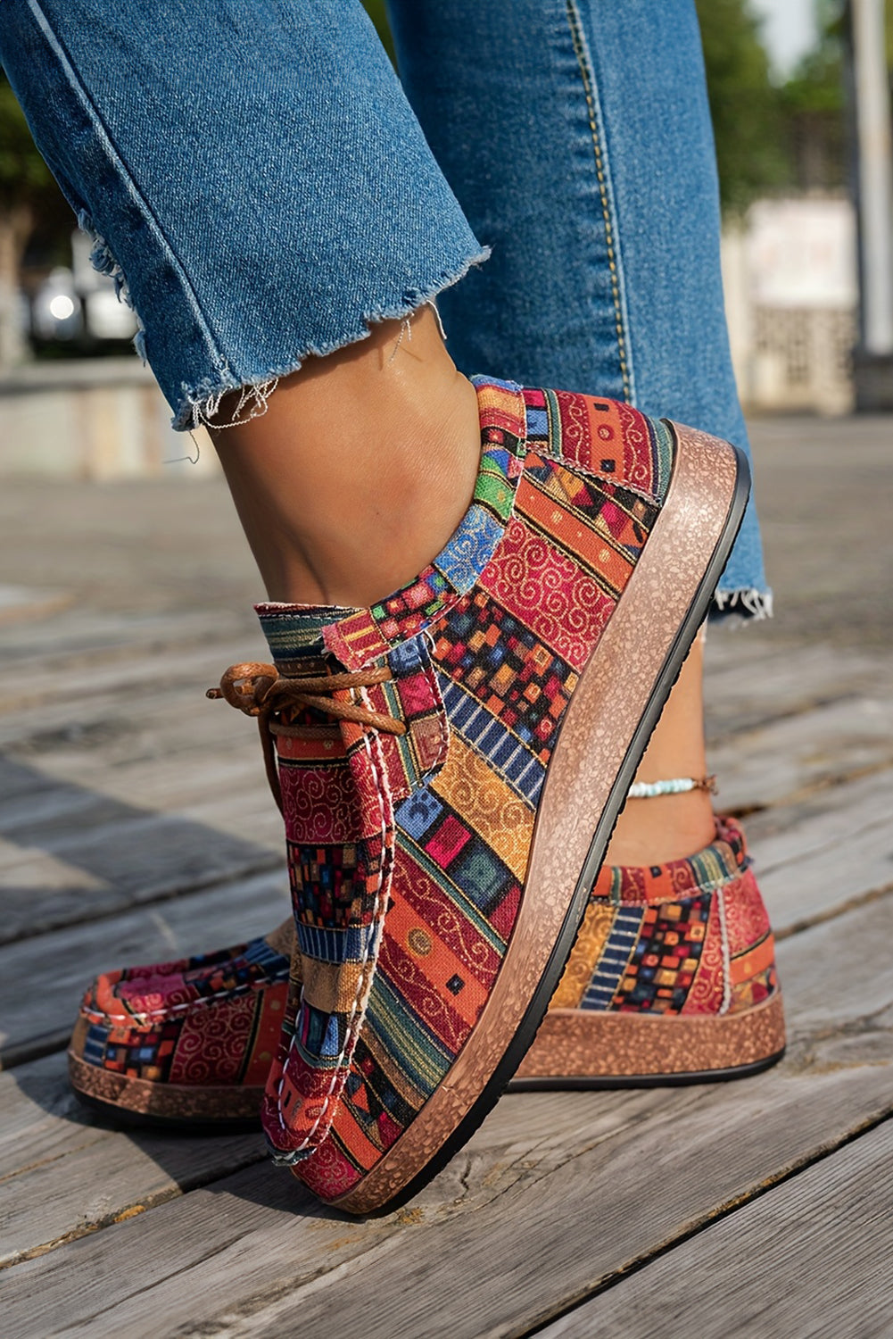 Racing Red Lightweight Boho Patchwork Lace Up Shoes