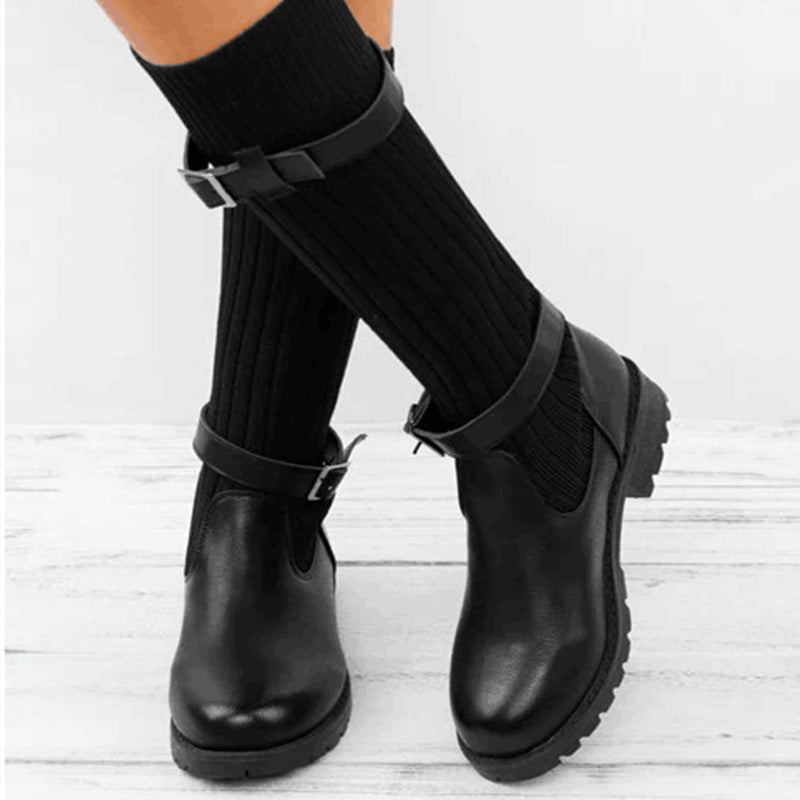 Women's Slouchy Faux Leather Knit Cuff Combat Boots