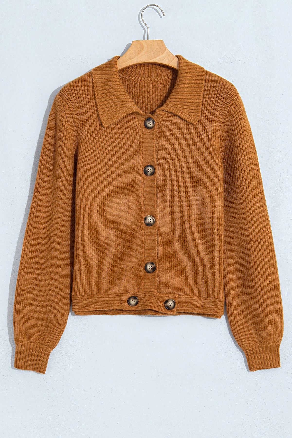Solid Ribbed Knit Collared Button Front Cardigan