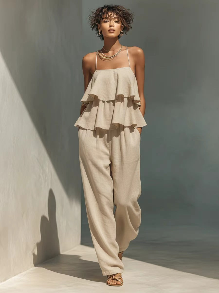 Women's Ruffled Camisole and Casual Wide Leg Pants Set