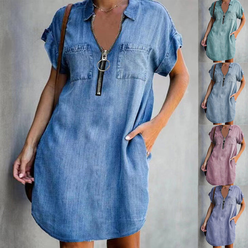 Lapel Short Sleeve Loose Denim Shirt Dress - Casual Street Fashion